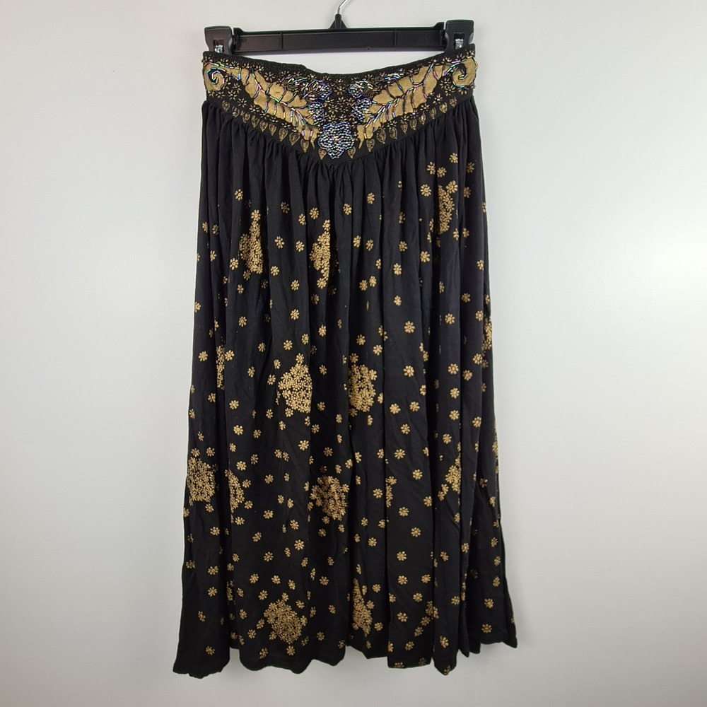 Jane Ashley Womens Black Gold Floral Beaded Waist Rayon Maxi Skirt S/M Boho VTG